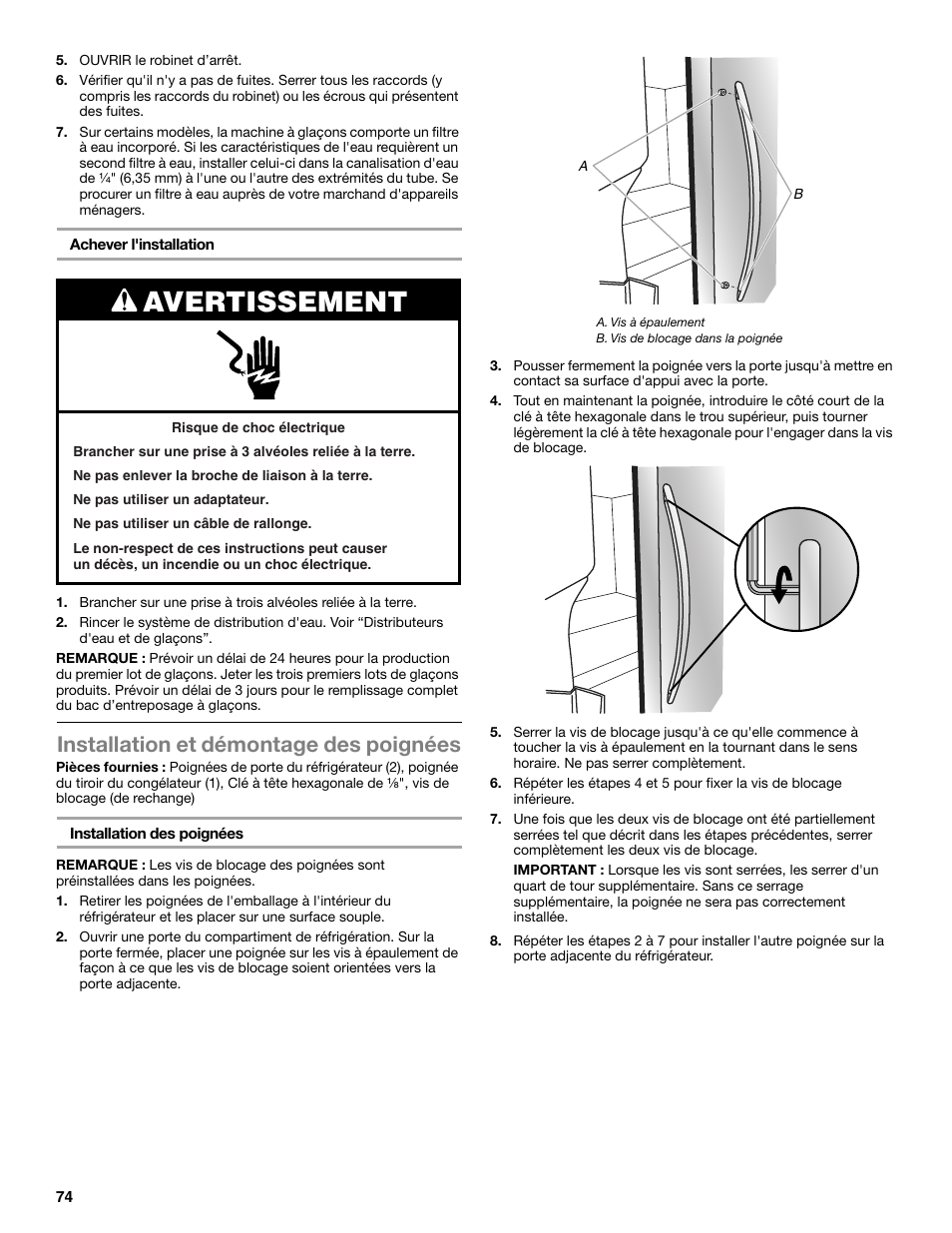 Avertissement, Installation et démontage des poignées | Whirlpool WRX988SIBM User Manual | Page 74 / 96