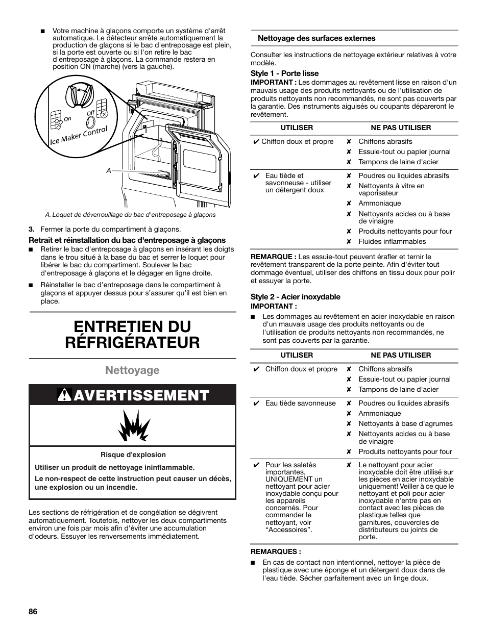 Entretien du réfrigérateur, Avertissement, Nettoyage | Whirlpool WRX988SIBM User Manual | Page 86 / 96