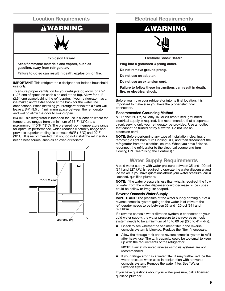 Warning, Location requirements, Electrical requirements | Water supply requirements | Whirlpool WRX988SIBM User Manual | Page 9 / 96