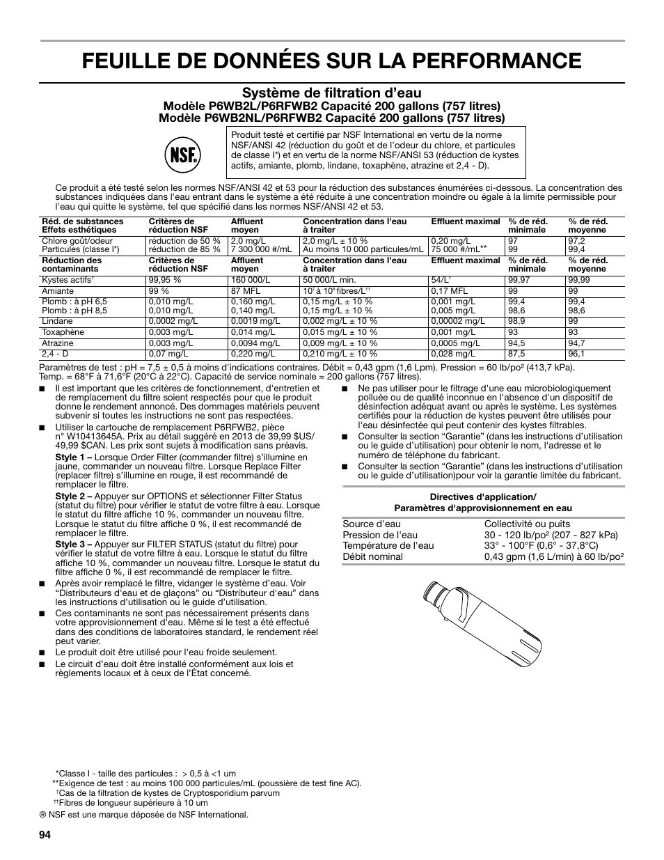 Feuille de données sur la performance, Système de filtration d’eau | Whirlpool WRX988SIBM User Manual | Page 94 / 96