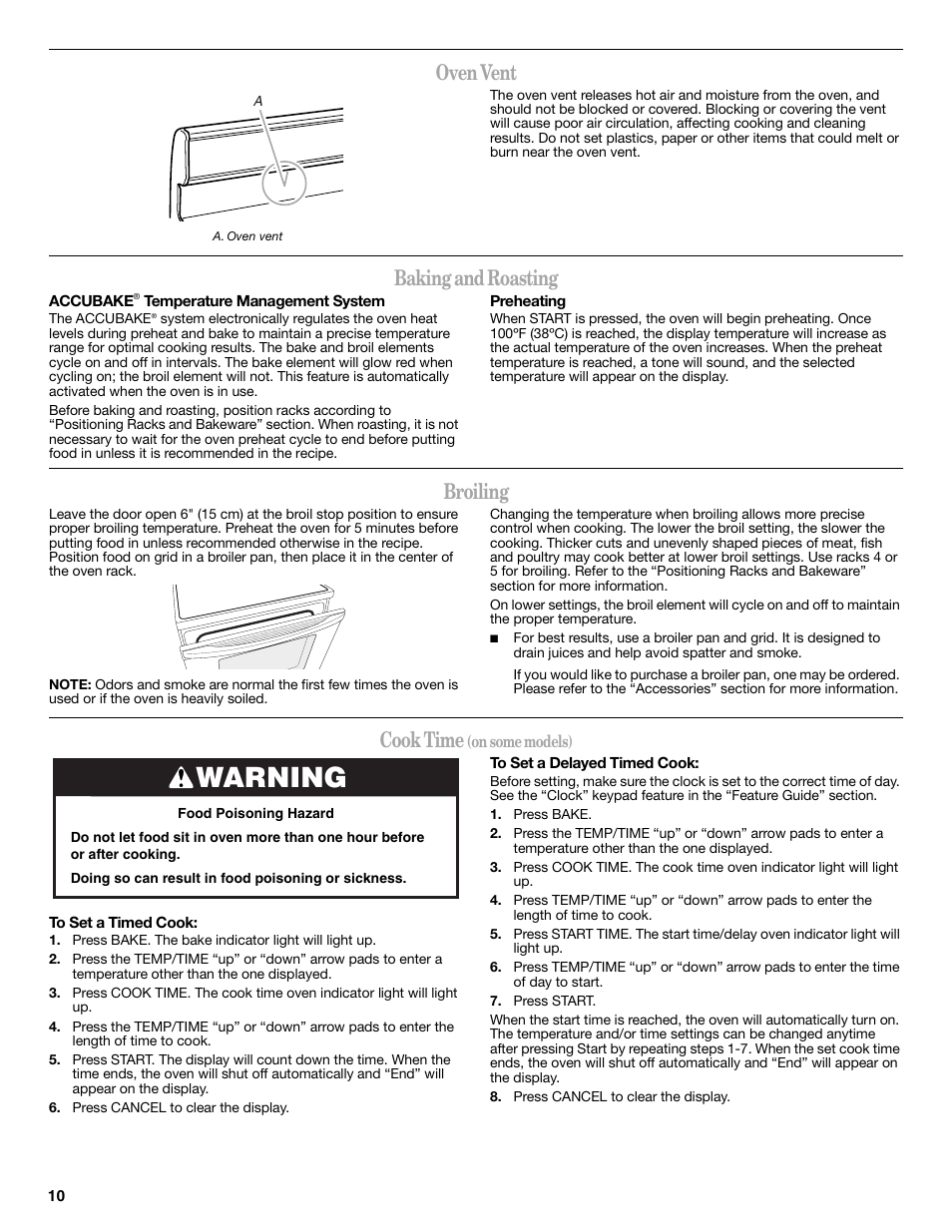 Warning, Oven vent, Baking and roasting | Broiling, Cook time | Whirlpool WFE510S0AS User Manual | Page 10 / 16