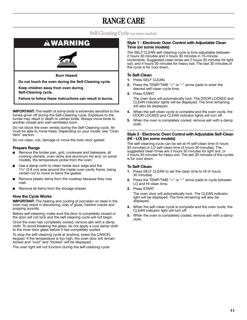 Range care, Warning, Self-cleaning cycle | Whirlpool WFE510S0AS User Manual | Page 11 / 16