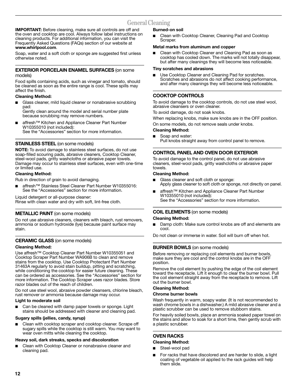 General cleaning | Whirlpool WFE510S0AS User Manual | Page 12 / 16