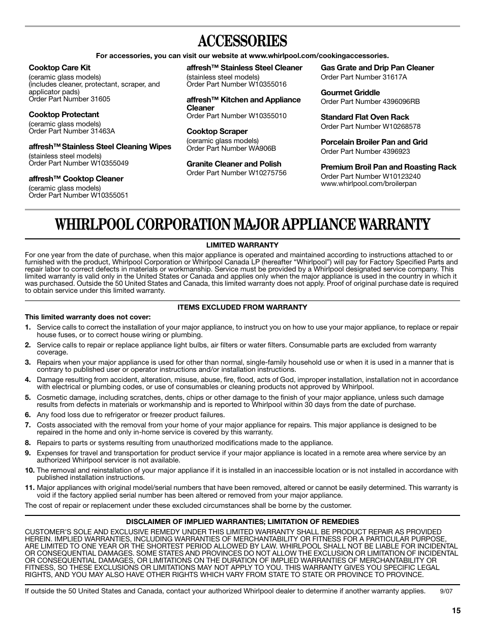 Accessories, Whirlpool corporation major appliance warranty | Whirlpool WFE510S0AS User Manual | Page 15 / 16