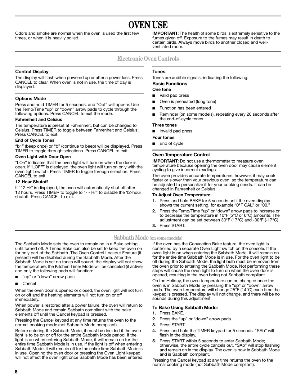 Oven use, Electronic oven controls, Sabbath mode | Whirlpool WFE510S0AS User Manual | Page 8 / 16