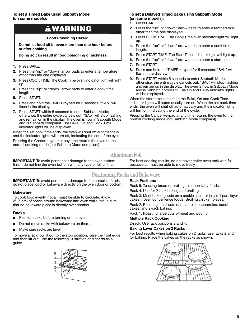 Warning, Aluminum foil, Positioning racks and bakeware | Whirlpool WFE510S0AS User Manual | Page 9 / 16