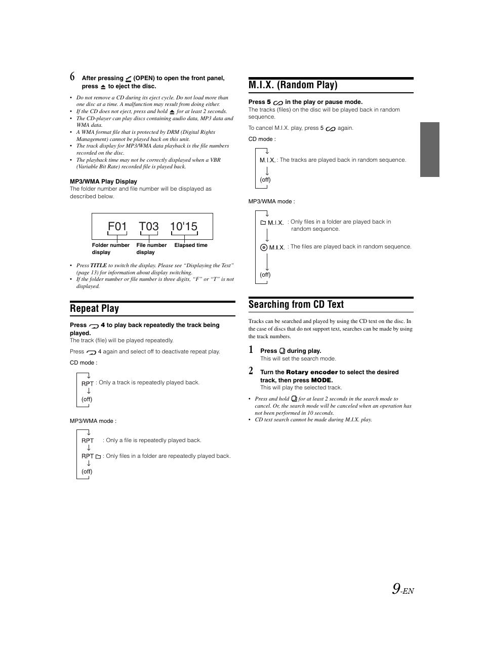 Repeat play, Random play, Searching from cd text | M.i.x. (random play) | Alpine CDE-9852 User Manual | Page 10 / 29