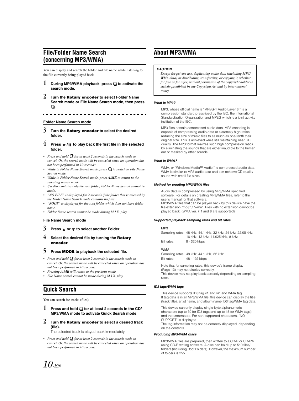 Mp3 / wma compatibility, File / folder name search, Quick search | File/folder name search (concerning mp3/wma), About mp3/wma | Alpine CDE-9852 User Manual | Page 11 / 29