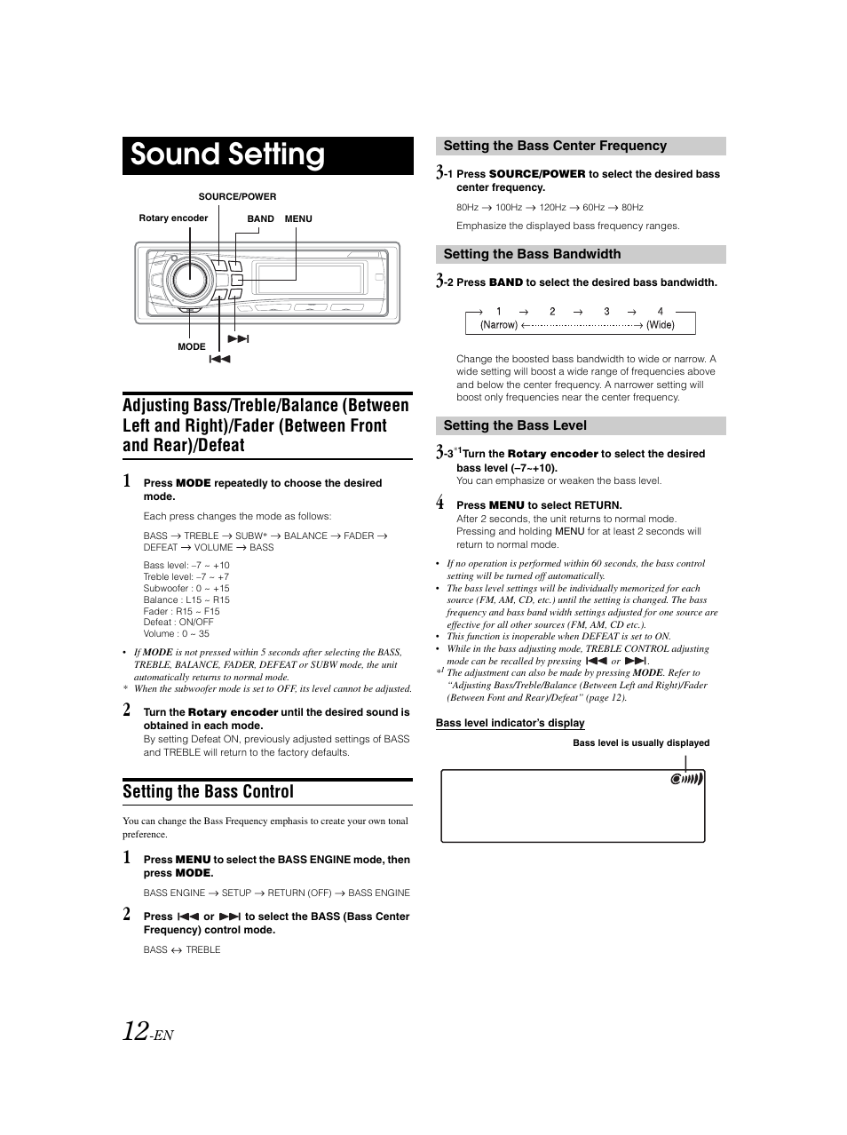 Sound adjustments, Bass / treble / balance / fader / defeat, Bass control | Sound setting, Setting the bass control | Alpine CDE-9852 User Manual | Page 13 / 29