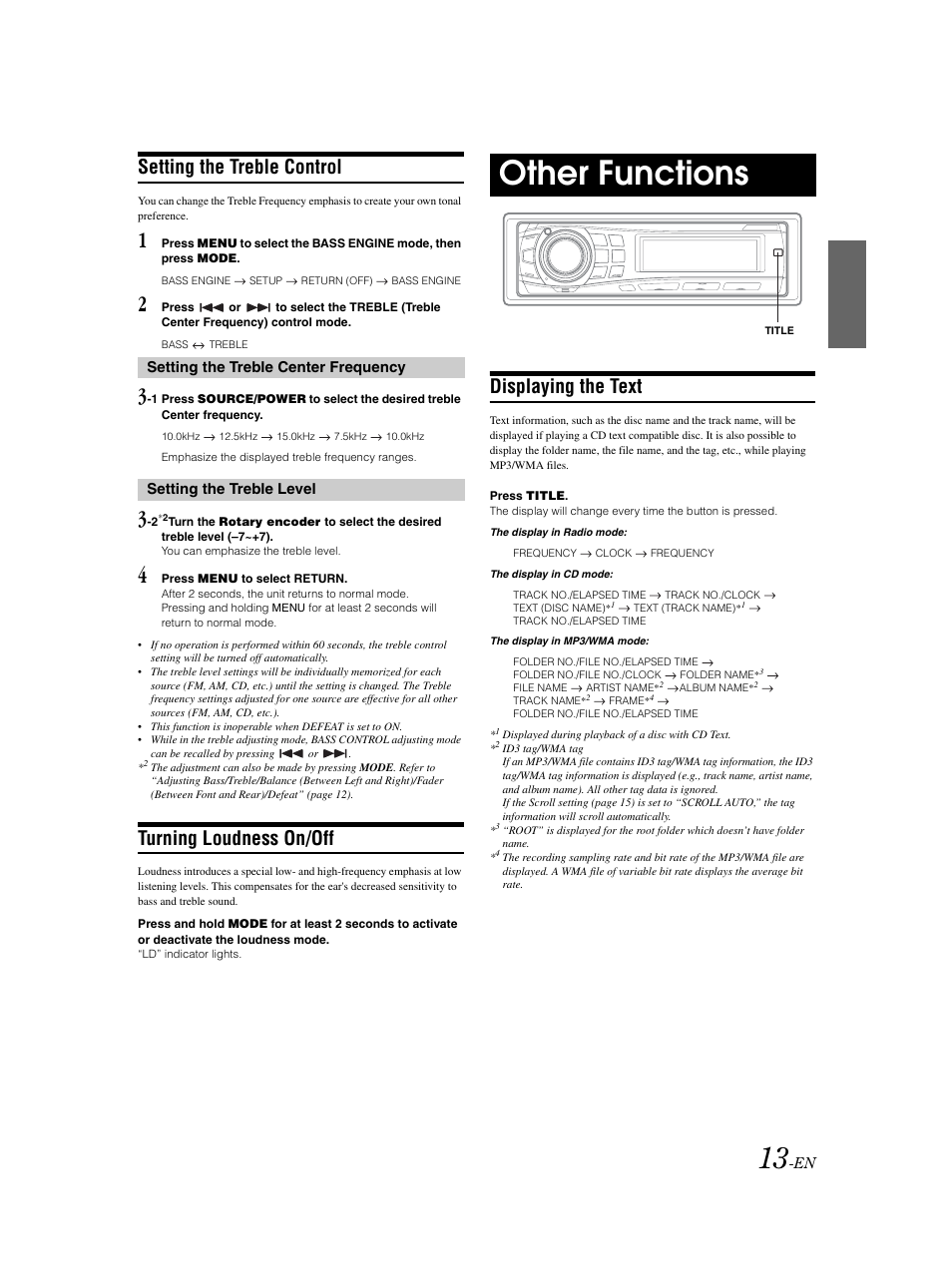 Treble control, Loudness on / off, Displaying the text | Other functions, Setting the treble control, Turning loudness on/off | Alpine CDE-9852 User Manual | Page 14 / 29