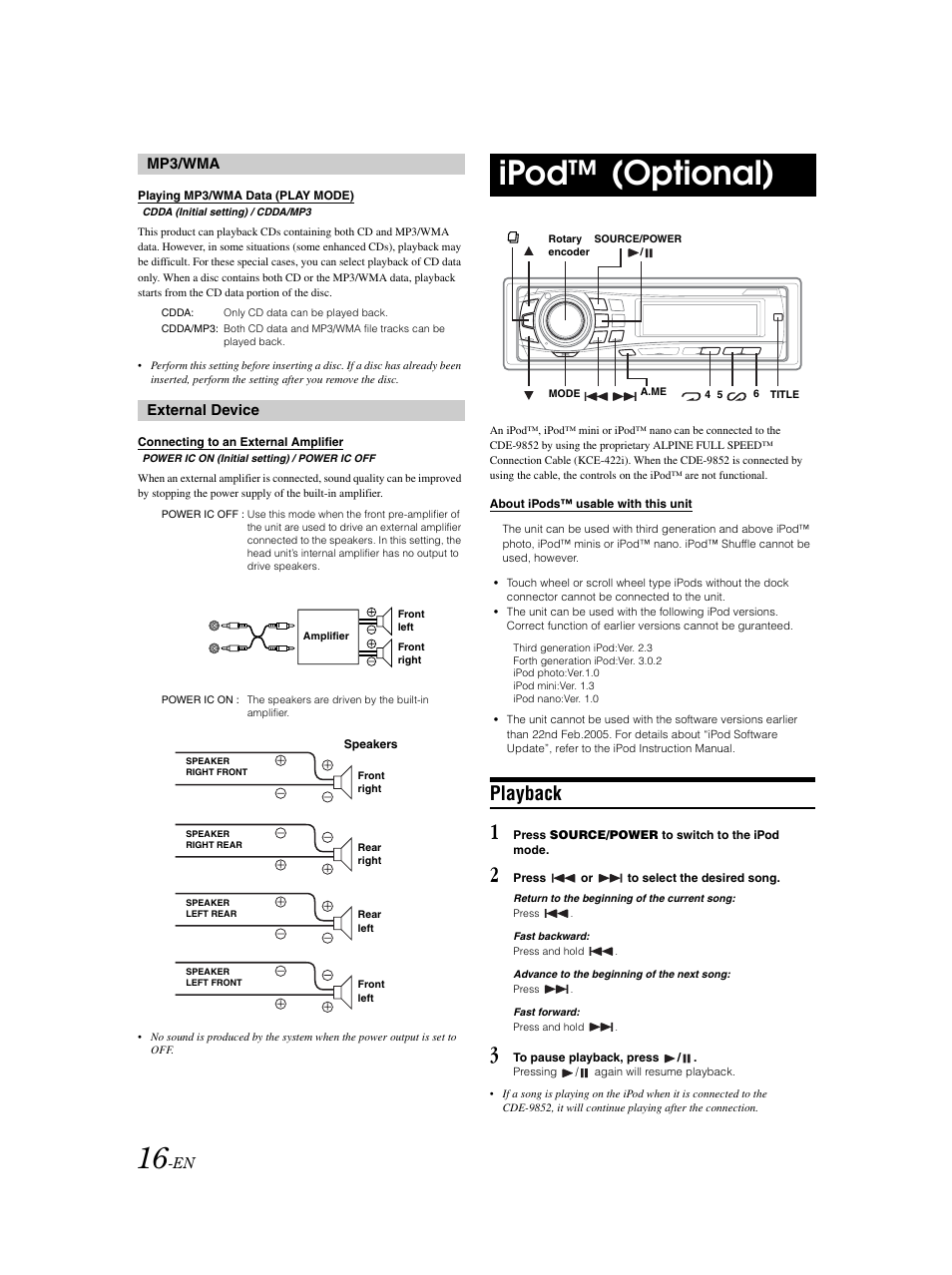 Ipod compatibility, Playing mp3 / wma data, Internal amp on / off | Ipod control (not supplied), Playback, Ipod™ (optional) | Alpine CDE-9852 User Manual | Page 17 / 29