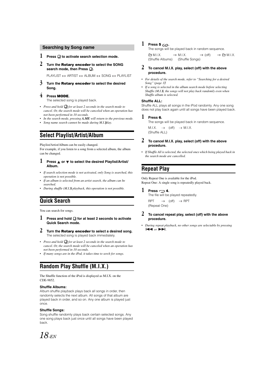 Select playlist / artist / album, Quick search, Random play shuffle | Repeat play, Select playlist/artist/album, Random play shuffle (m.i.x.) | Alpine CDE-9852 User Manual | Page 19 / 29