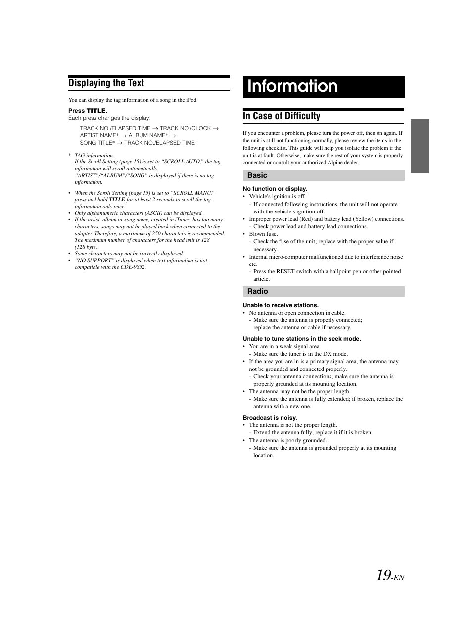 Displaying the text, Troubleshooting, Information | Alpine CDE-9852 User Manual | Page 20 / 29