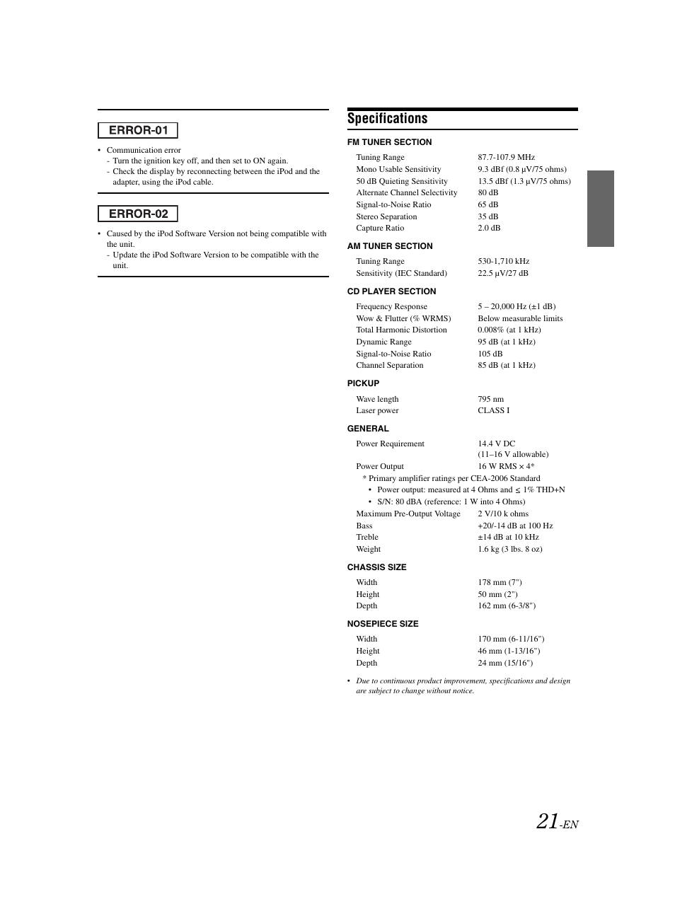 Specs, Specifications | Alpine CDE-9852 User Manual | Page 22 / 29