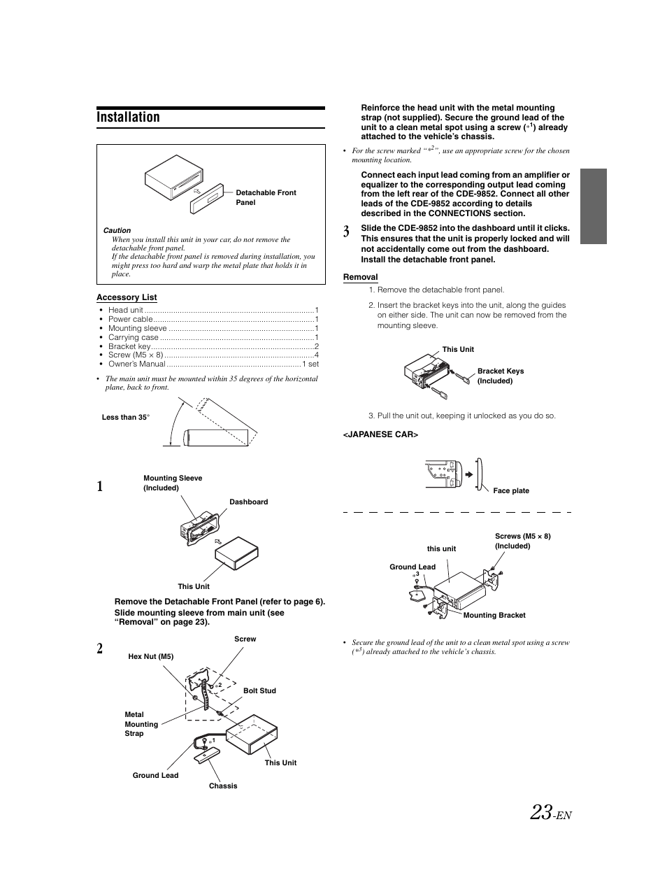Supplied hardware, Mounting, Removing trim ring / unit | Installation | Alpine CDE-9852 User Manual | Page 24 / 29