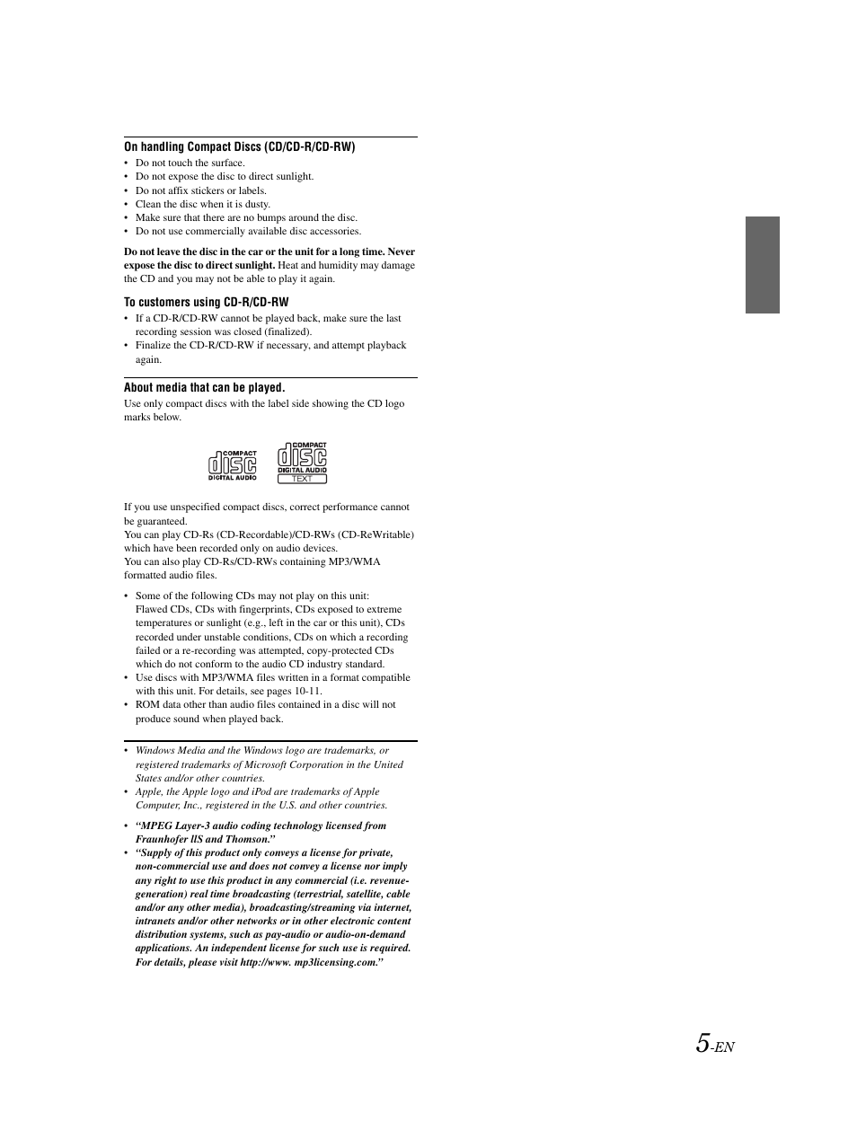 Disc compatibility | Alpine CDE-9852 User Manual | Page 6 / 29