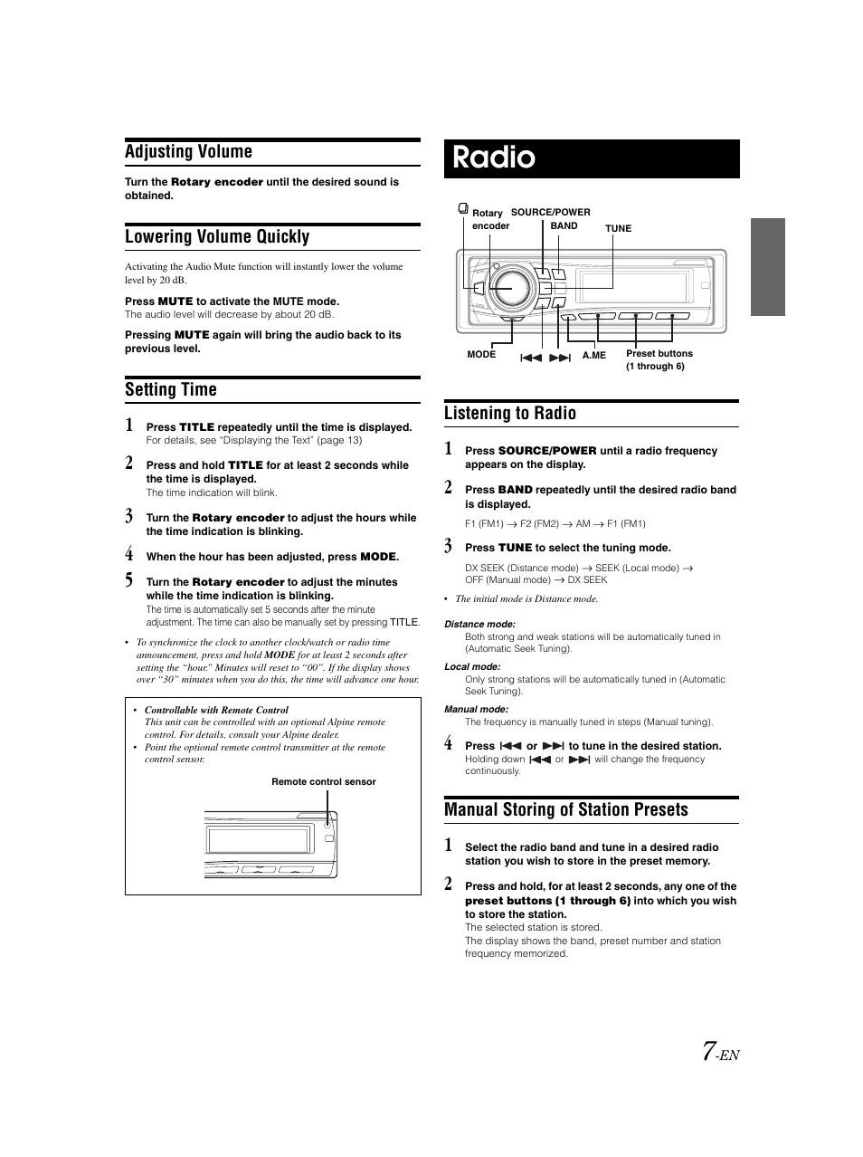 Clock set, Volume / mute, Radio operation | Listening to the radio, Storing station presets manually, Radio, Adjusting volume, Lowering volume quickly, Setting time, Listening to radio | Alpine CDE-9852 User Manual | Page 8 / 29