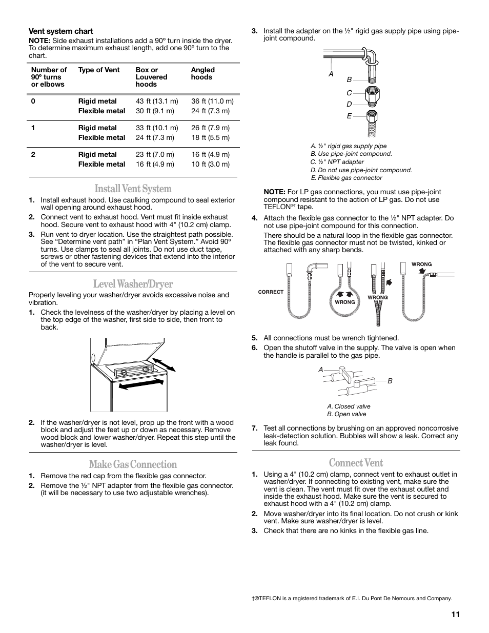 Install vent system, Level washer/dryer, Make gas connection | Connect vent | Whirlpool LTG5243DQ User Manual | Page 11 / 12