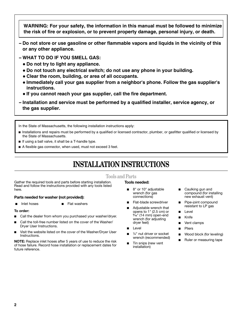 Installation instructions, Tools and parts, Do not try to light any appliance | Clear the room, building, or area of all occupants | Whirlpool LTG5243DQ User Manual | Page 2 / 12