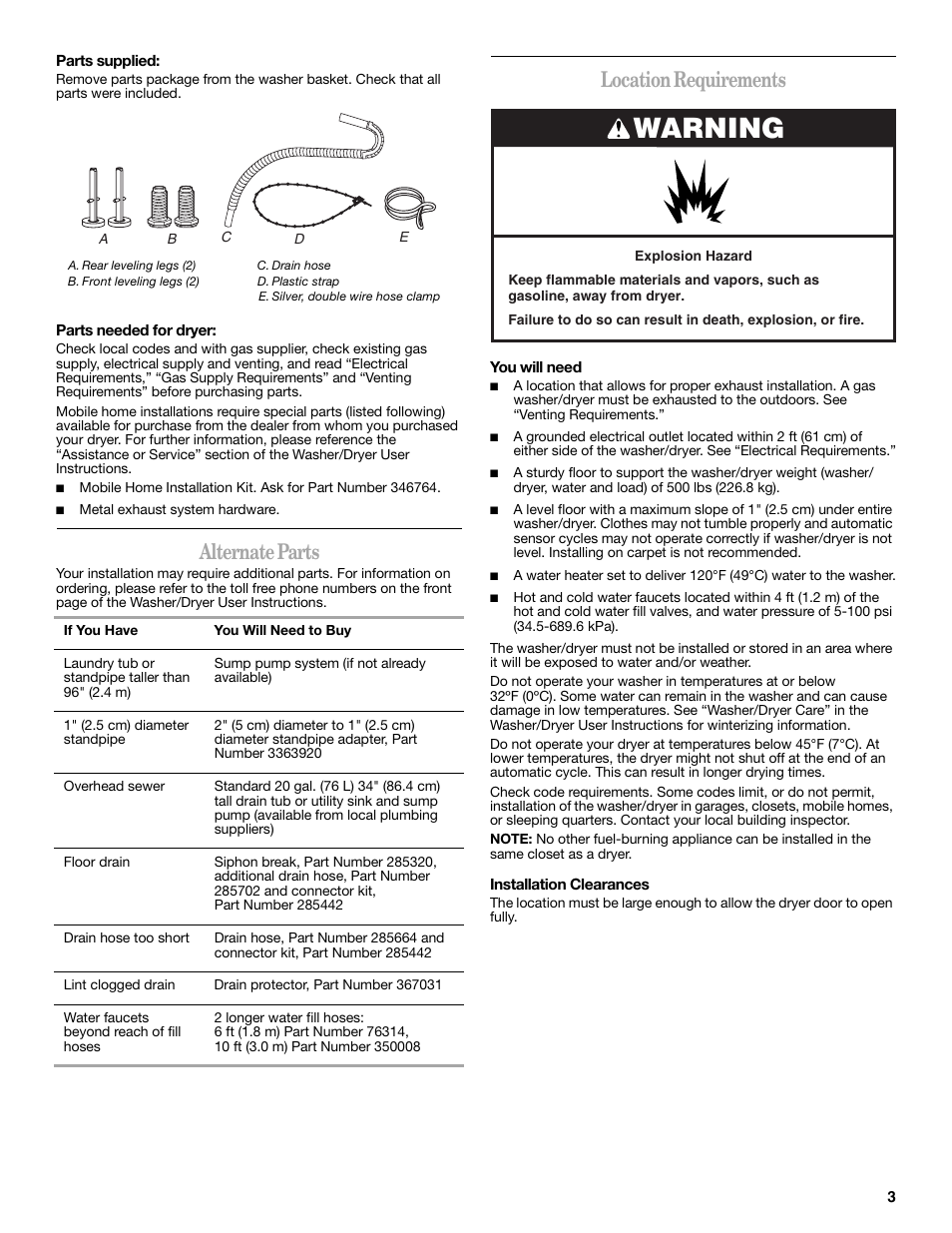 Warning, Alternate parts, Location requirements | Whirlpool LTG5243DQ User Manual | Page 3 / 12