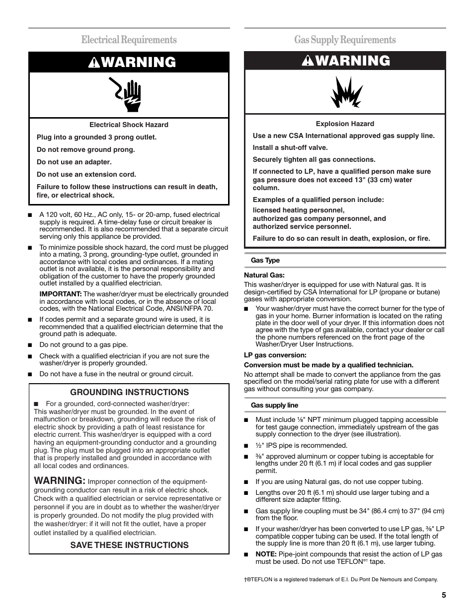 Warning, Electrical requirements, Gas supply requirements | Whirlpool LTG5243DQ User Manual | Page 5 / 12