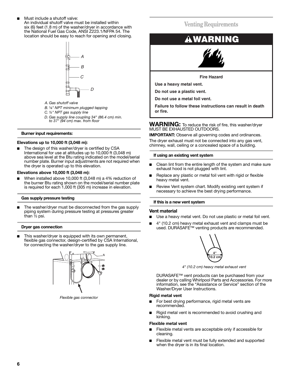 Venting requirements, Warning | Whirlpool LTG5243DQ User Manual | Page 6 / 12