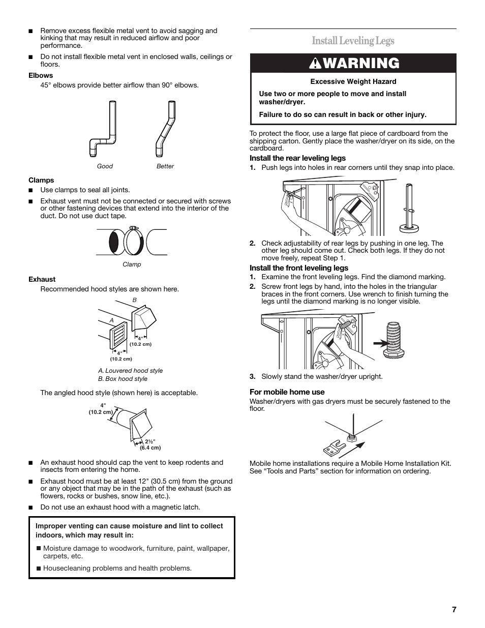 Warning, Install leveling legs | Whirlpool LTG5243DQ User Manual | Page 7 / 12