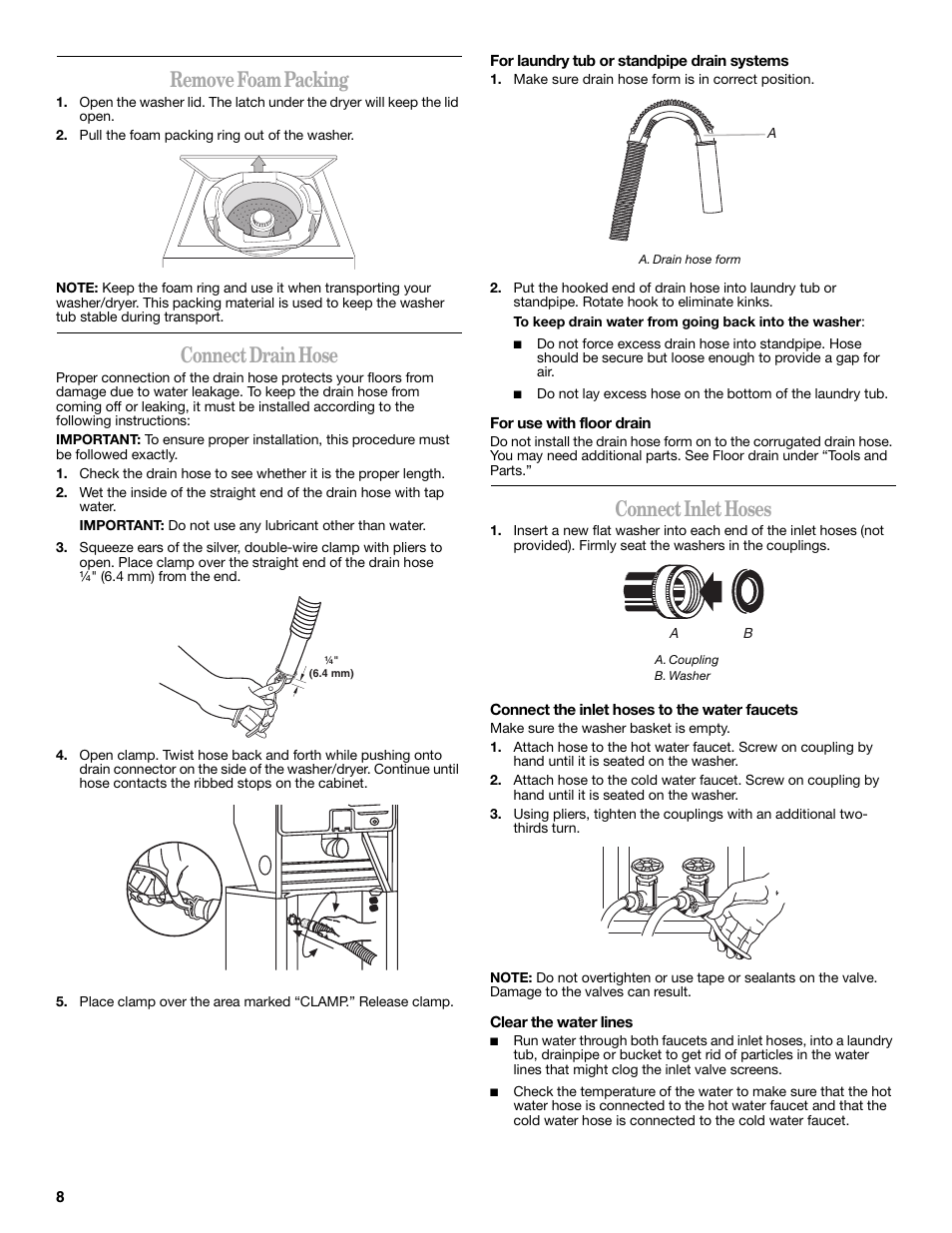 Remove foam packing, Connect drain hose, Connect inlet hoses | Whirlpool LTG5243DQ User Manual | Page 8 / 12