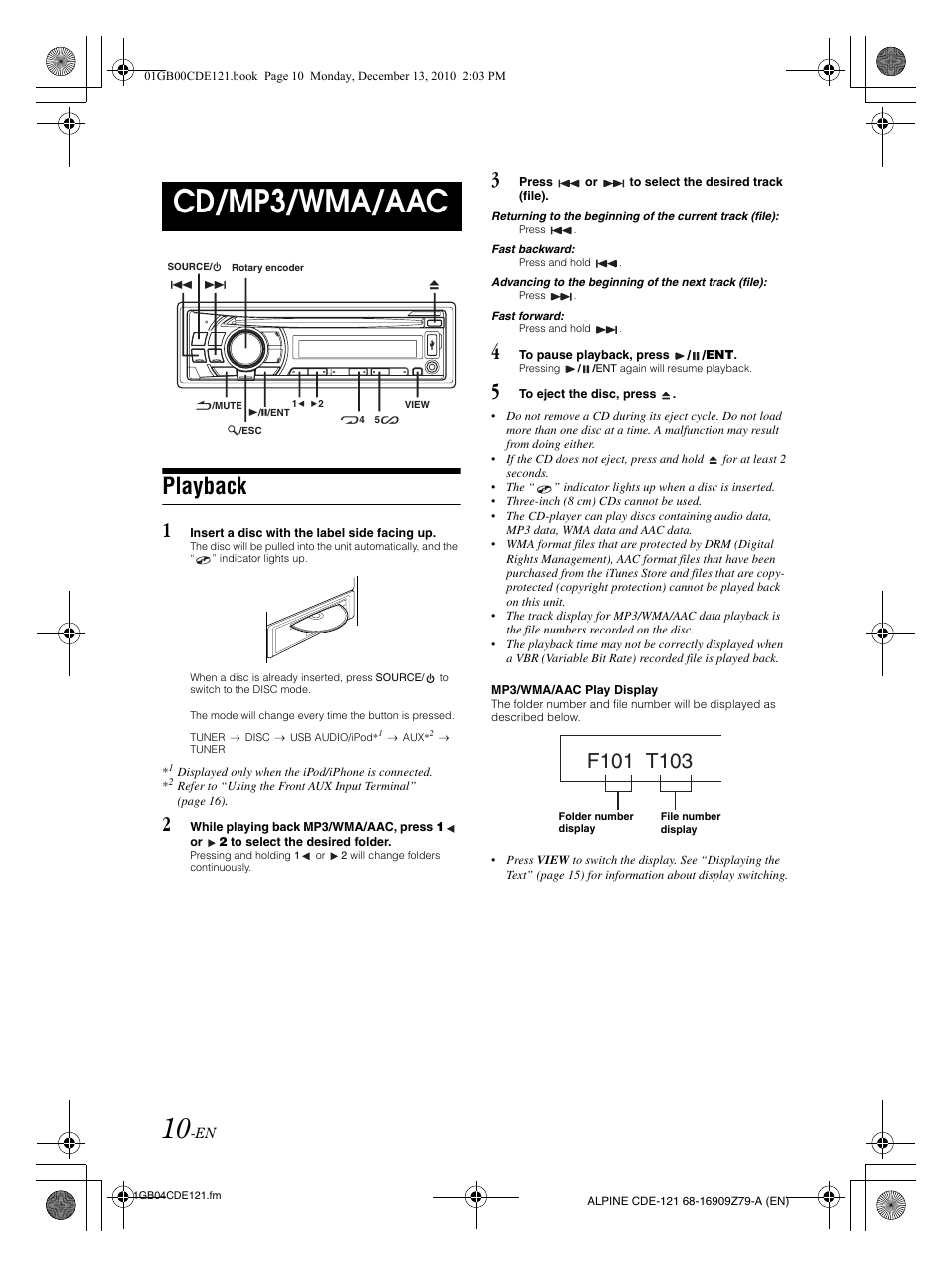 Cd/mp3/wma/aac, Playback | Alpine CDE-121 User Manual | Page 11 / 93