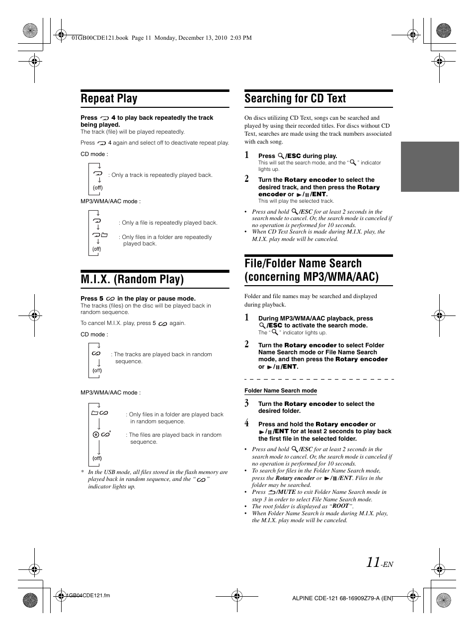 Repeat play, M.i.x. (random play), Searching for cd text | File/folder name search (concerning mp3/wma/aac) | Alpine CDE-121 User Manual | Page 12 / 93