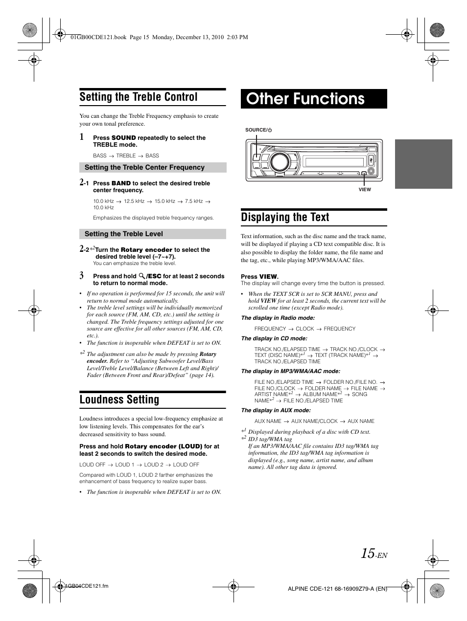 Other functions, Setting the treble control, Loudness setting | Displaying the text | Alpine CDE-121 User Manual | Page 16 / 93