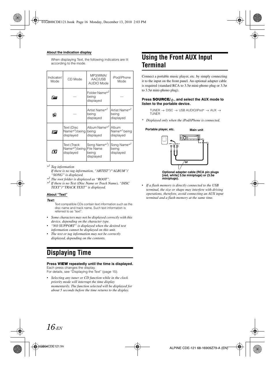 Displaying time, Using the front aux input terminal | Alpine CDE-121 User Manual | Page 17 / 93