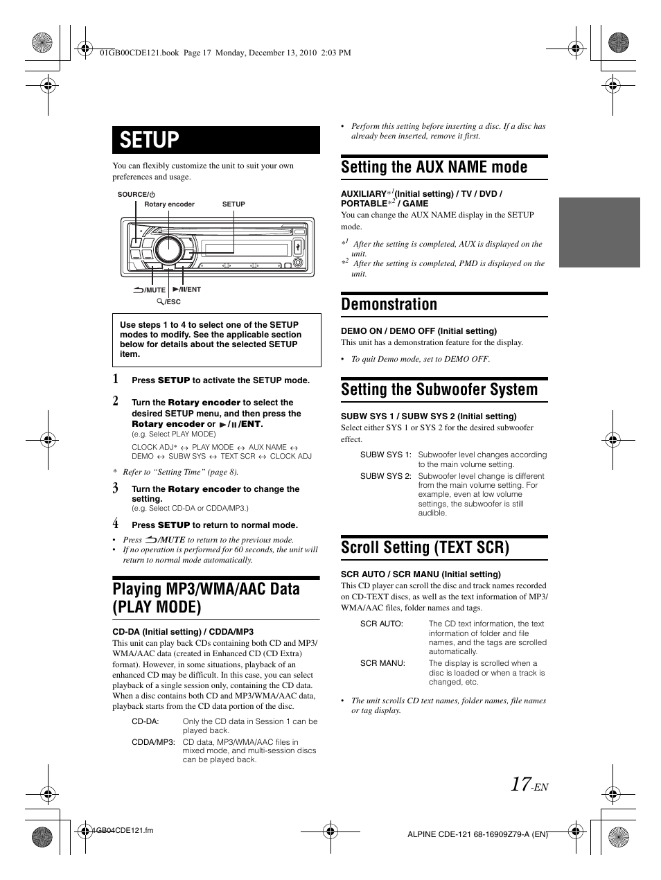 Setup, Playing mp3/wma/aac data (play mode), Setting the aux name mode | Demonstration, Setting the subwoofer system, Scroll setting (text scr) | Alpine CDE-121 User Manual | Page 18 / 93