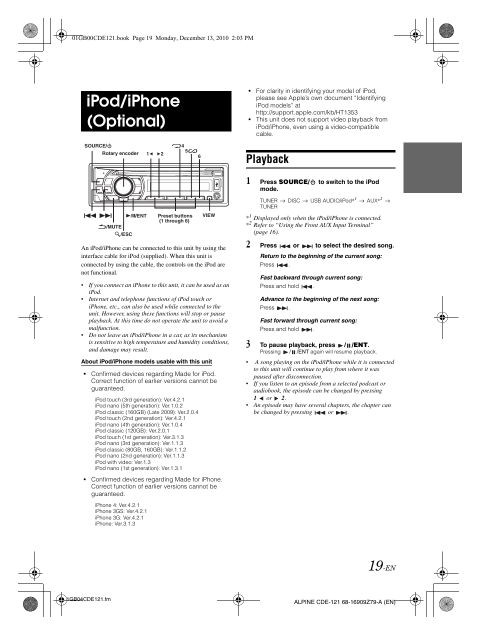 Ipod/iphone (optional), Playback | Alpine CDE-121 User Manual | Page 20 / 93