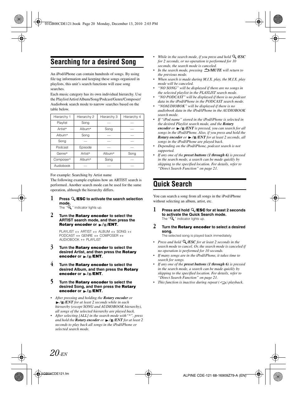 Searching for a desired song, Quick search | Alpine CDE-121 User Manual | Page 21 / 93