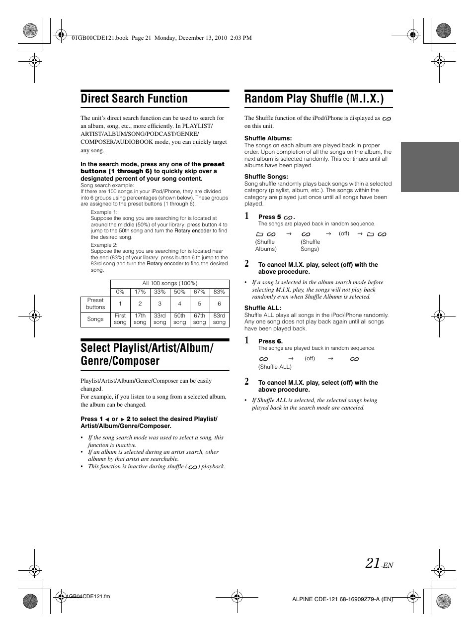 Direct search function, Select playlist/artist/album/ genre/composer, Random play shuffle (m.i.x.) | Alpine CDE-121 User Manual | Page 22 / 93