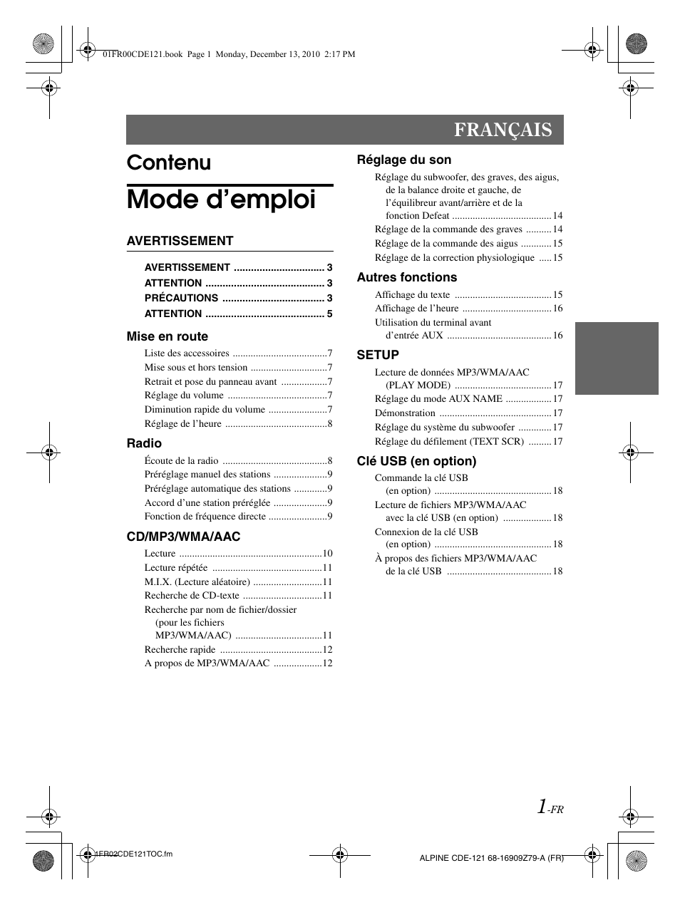 Mode d’emploi, Contenu, Français | Alpine CDE-121 User Manual | Page 31 / 93