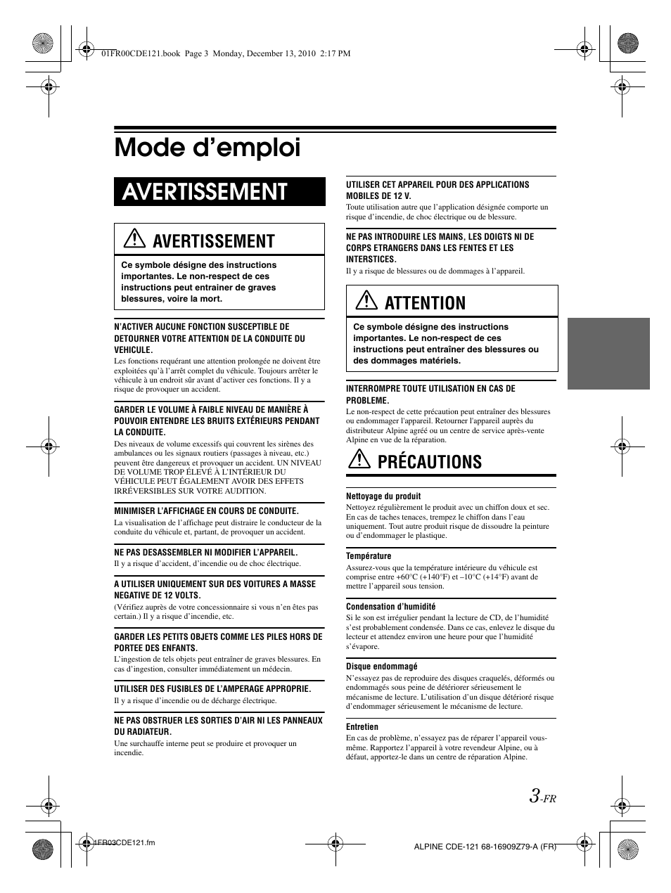 Mode d’emploi, Avertissement, Précautions | Attention | Alpine CDE-121 User Manual | Page 33 / 93