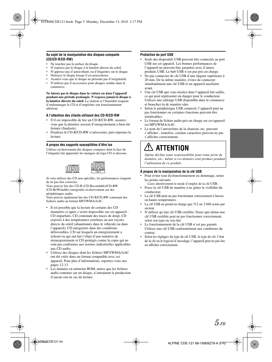 Attention | Alpine CDE-121 User Manual | Page 35 / 93