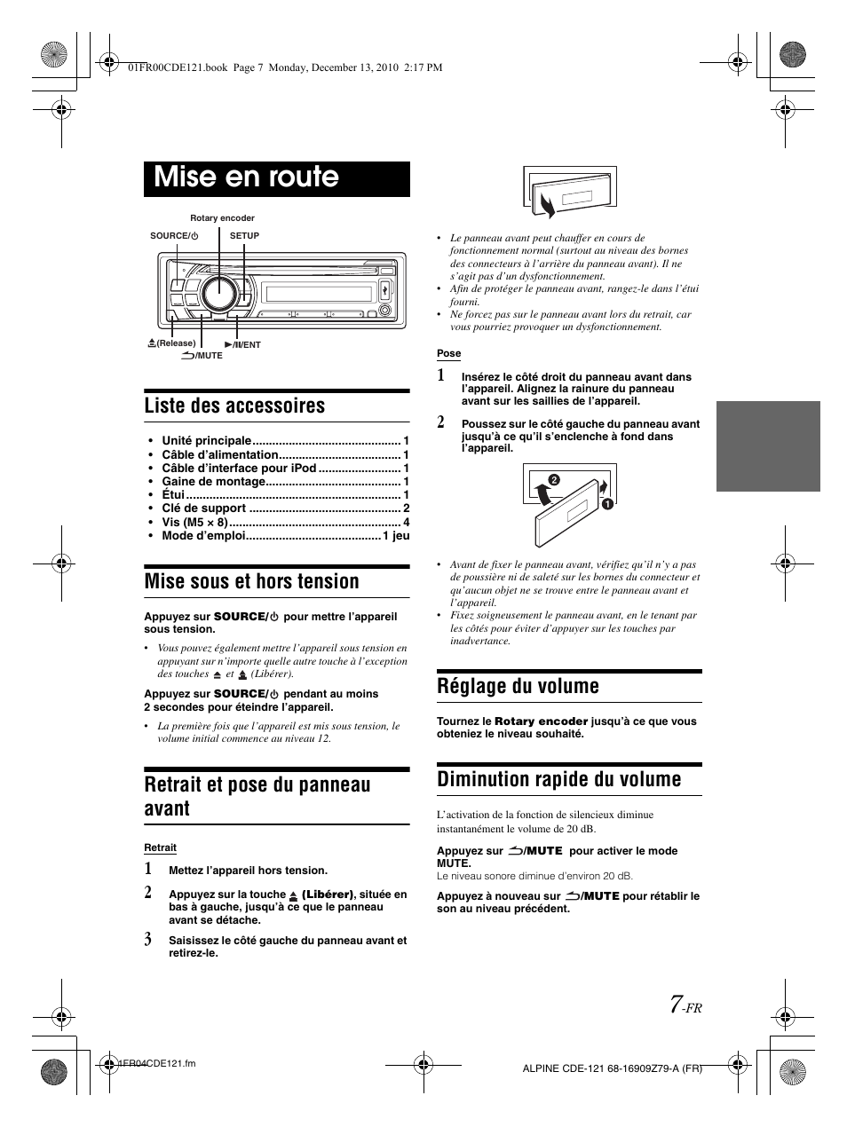 Mise en route, Liste des accessoires, Mise sous et hors tension | Retrait et pose du panneau avant, Réglage du volume, Diminution rapide du volume | Alpine CDE-121 User Manual | Page 37 / 93