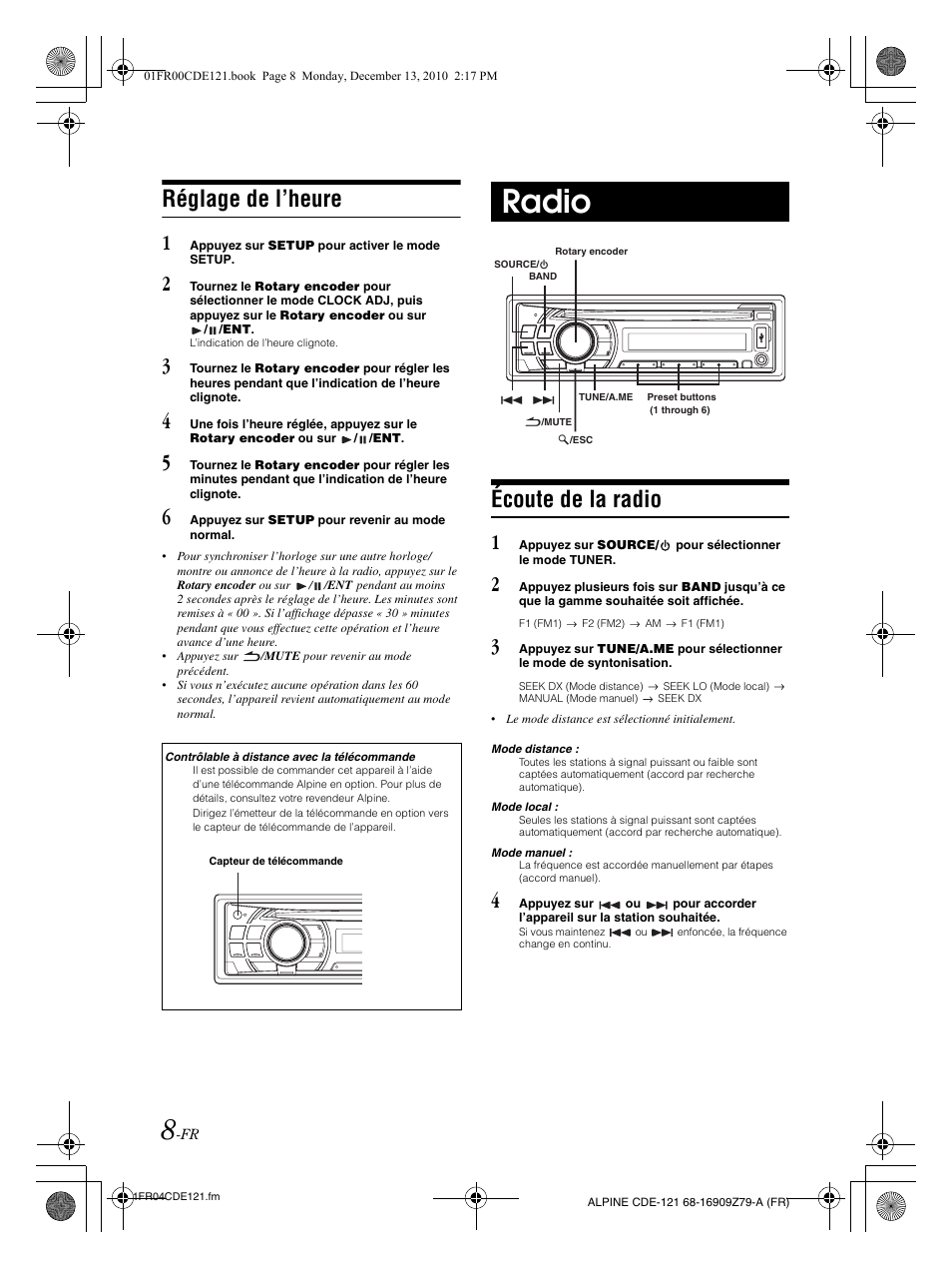 Radio, Réglage de l’heure, Écoute de la radio | Alpine CDE-121 User Manual | Page 38 / 93