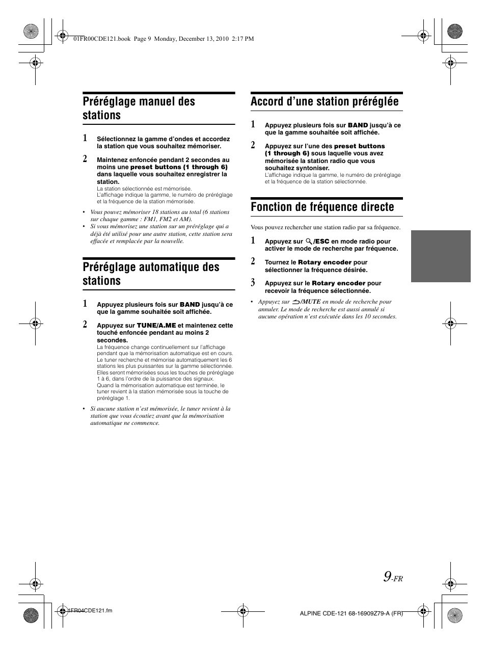 Préréglage manuel des stations, Préréglage automatique des stations, Accord d’une station préréglée | Fonction de fréquence directe | Alpine CDE-121 User Manual | Page 39 / 93