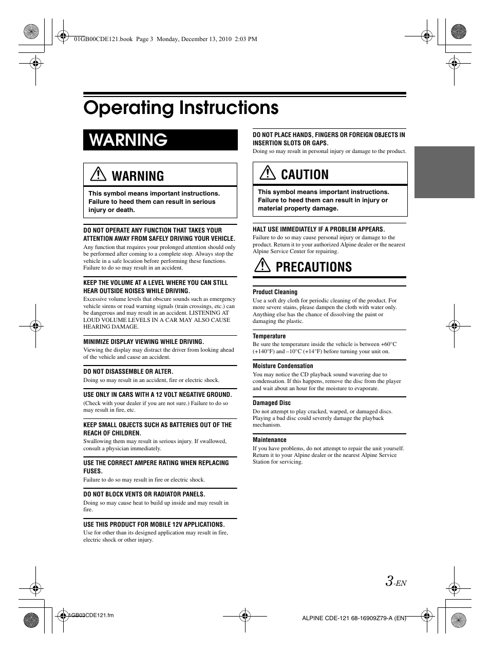 Operating instructions, Warning, Precautions | Caution | Alpine CDE-121 User Manual | Page 4 / 93