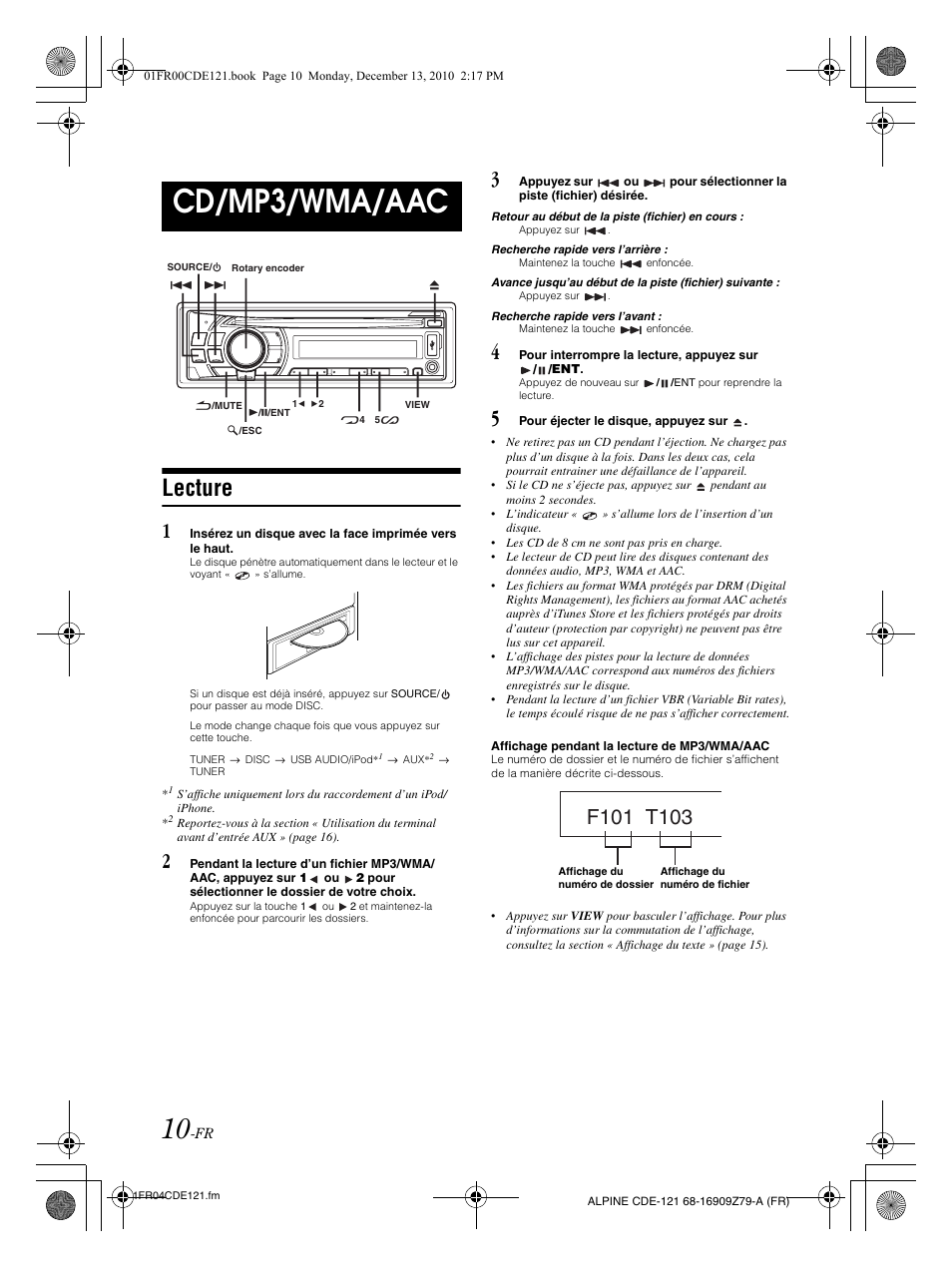 Cd/mp3/wma/aac, Lecture | Alpine CDE-121 User Manual | Page 40 / 93