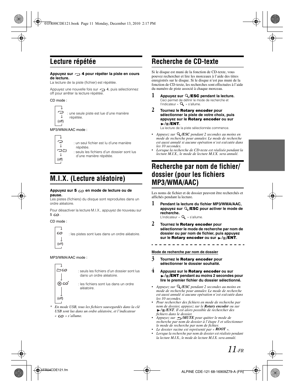 Lecture répétée, M.i.x. (lecture aléatoire), Recherche de cd-texte | Alpine CDE-121 User Manual | Page 41 / 93