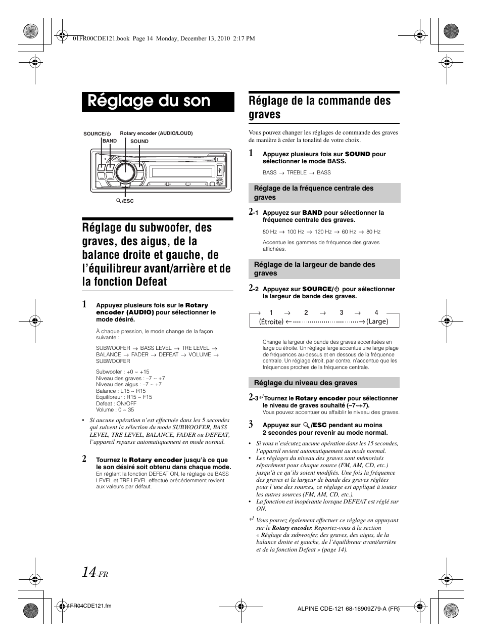 Réglage du son, Réglage de la commande des graves | Alpine CDE-121 User Manual | Page 44 / 93