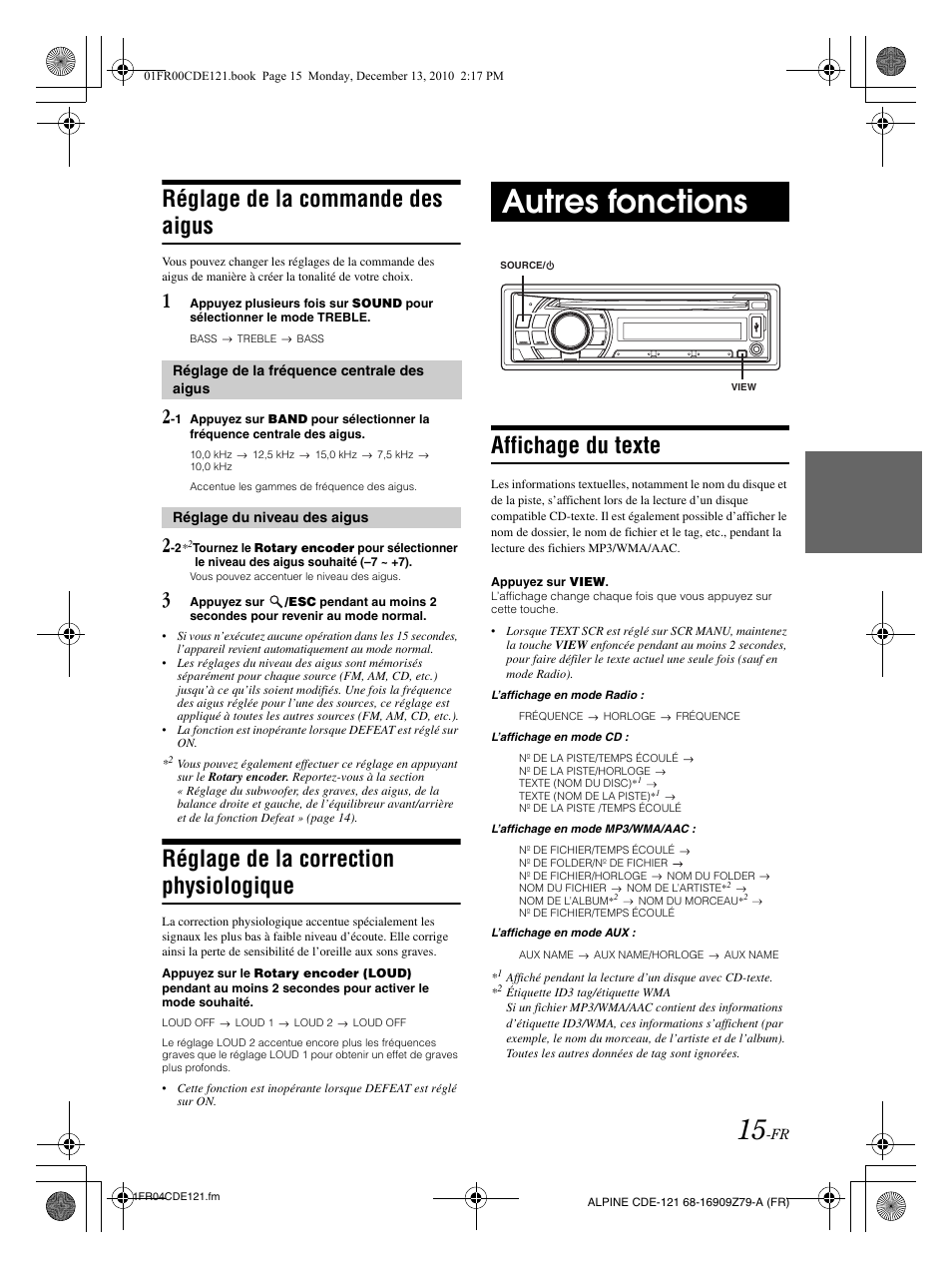 Autres fonctions, Réglage de la commande des aigus, Réglage de la correction physiologique | Affichage du texte | Alpine CDE-121 User Manual | Page 45 / 93