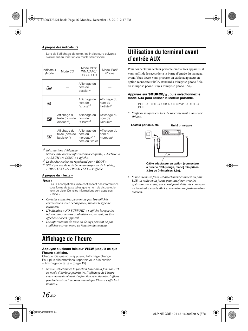 Affichage de l’heure, Utilisation du terminal avant d’entrée aux | Alpine CDE-121 User Manual | Page 46 / 93