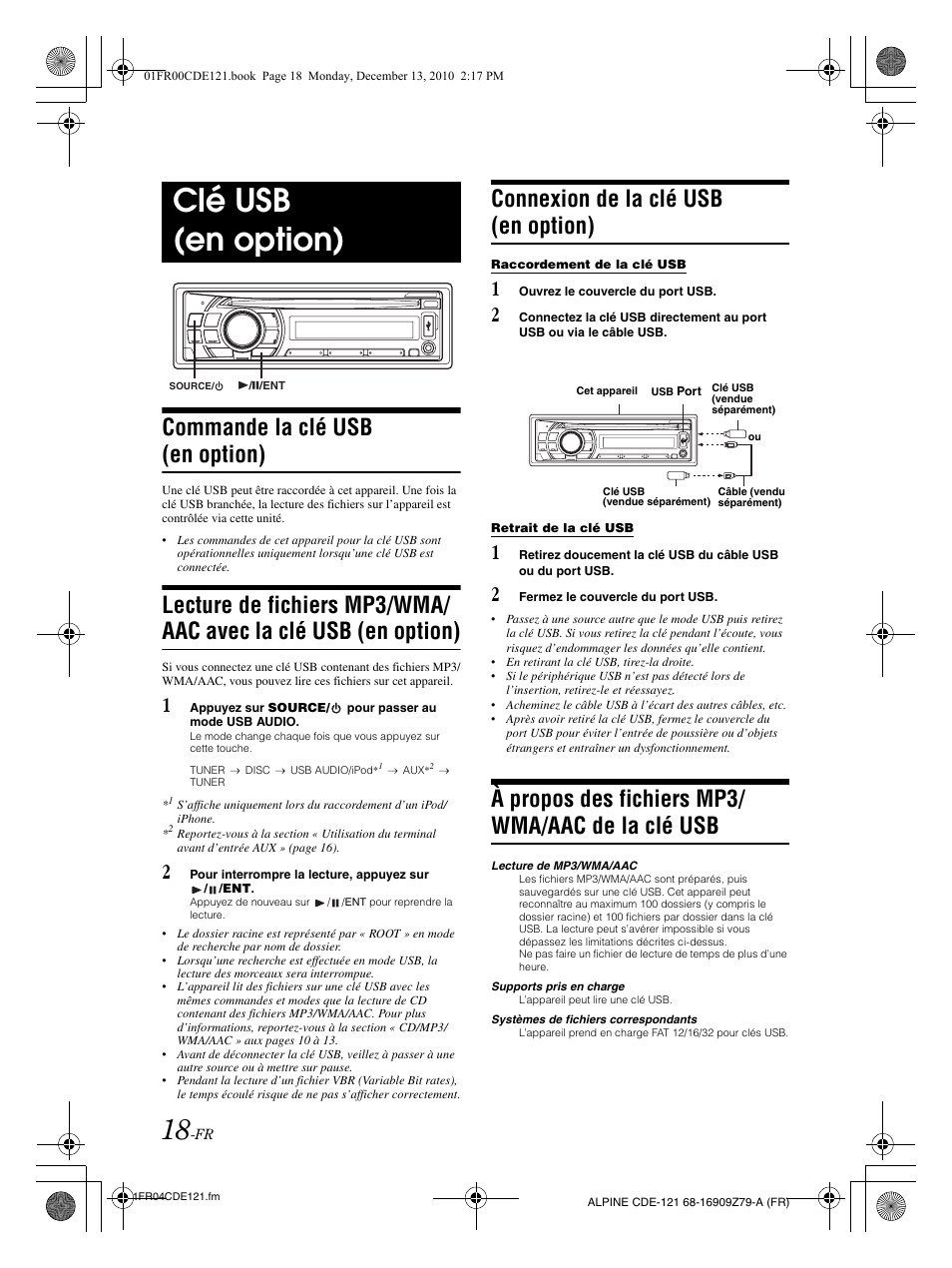Clé usb (en option), Commande la clé usb (en option), Connexion de la clé usb (en option) | À propos des fichiers mp3/ wma/aac de la clé usb | Alpine CDE-121 User Manual | Page 48 / 93
