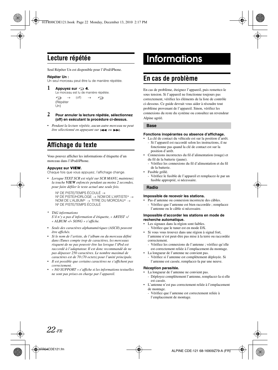 Informations, Lecture répétée, Affichage du texte | En cas de problème | Alpine CDE-121 User Manual | Page 52 / 93
